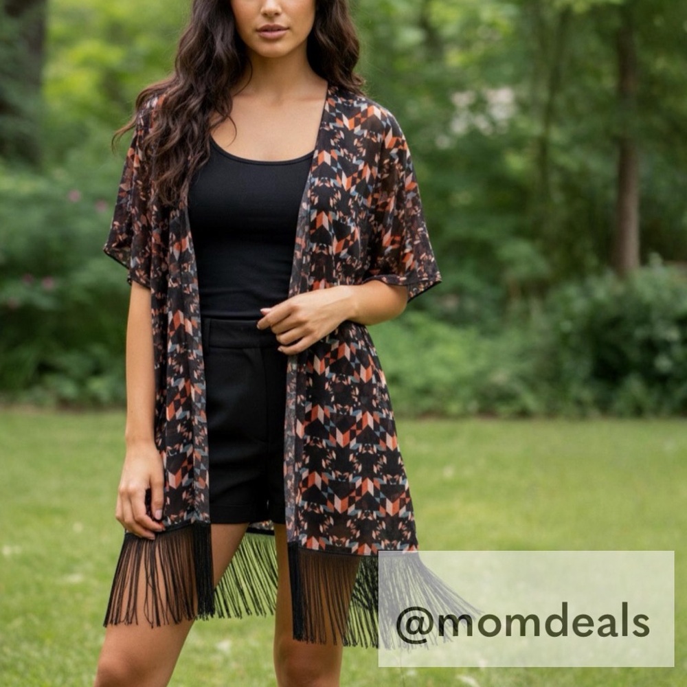 LulaRoe Monroe OpenFront Black Fringe Chiffon Sheer Coat Duster Bohemian Batwing - Picture 1 of 16